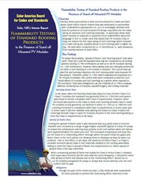 One-page summary report cover of Flammabilty Testing of Standard Roofing Products in the Presence of Stand-off Mounted PV Modules
